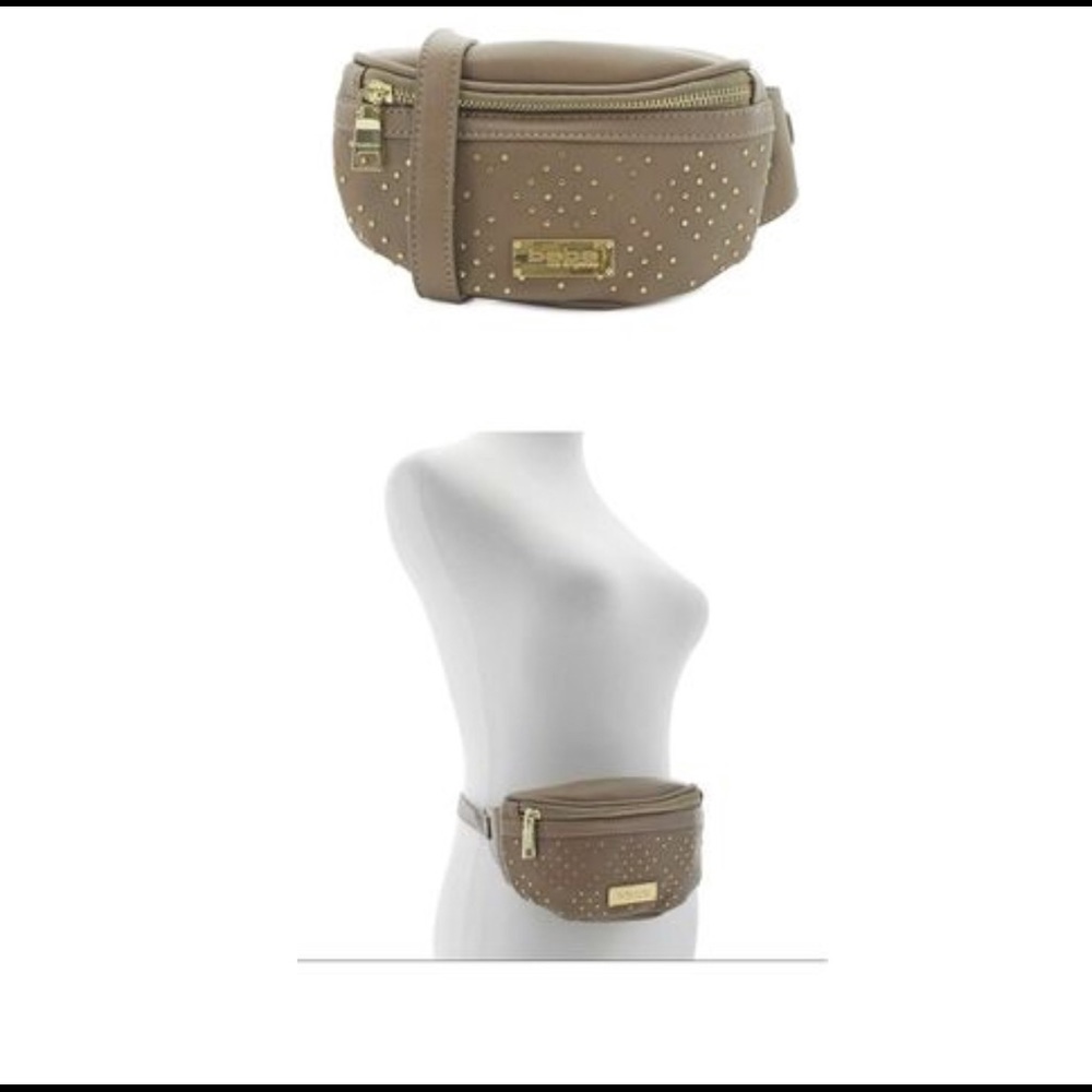NWOT BEBE TAUPE GOLD STUDDED Zippered closure FANNY PACK with Bebe gold …